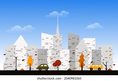 Autumn Fall Season City Street Building Cityscape View Flat Design Illustration