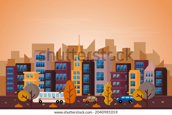 Autumn Fall Season City Street Building\
Cityscape View Flat Design\
Illustration