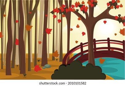 Autumn Fall Season Countryside River Bridge Nature Landscape Illustration