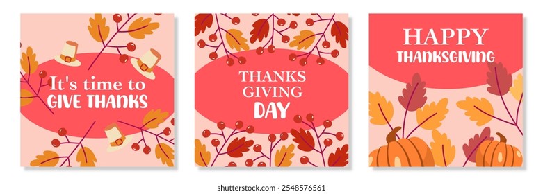 Autumn fall season. Creative Happy thanksgiving greeting with pumpkin, leaves, typography on pink square background for poster, invitation, card, flyer, cover, banner, social media, sale, advertising.