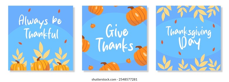 Autumn fall season. Creative Happy thanksgiving greeting with pumpkin, leaves, typography on blue square background for poster, invitation, card, flyer, cover, banner, social media, sale, advertising.