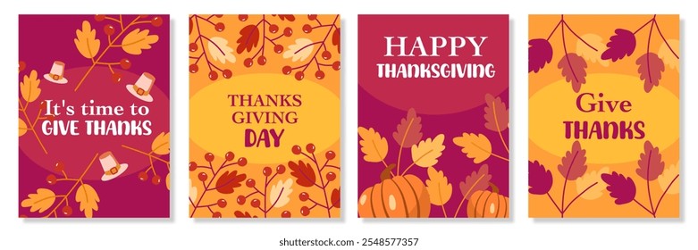 Autumn fall season. Creative Happy thanksgiving greeting with pumpkins, leaves, typography, orange, red background for poster, invitation, card, flyer, cover, banner, social media, sale, advertising.