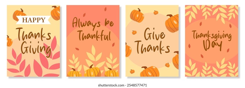 Autumn fall season. Creative Happy thanksgiving greeting with pumpkins, leaves, typography on orange background for poster, invitation, card, flyer, cover, banner, social media, sale, advertising.