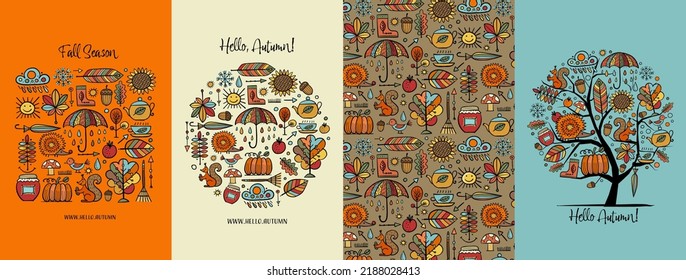 Autumn, Fall season. Frame, pattern, tree. Set of hand drawn concept art for your design project - cards, banners, poster, web, print, social media, promotional materials. Vector illustration