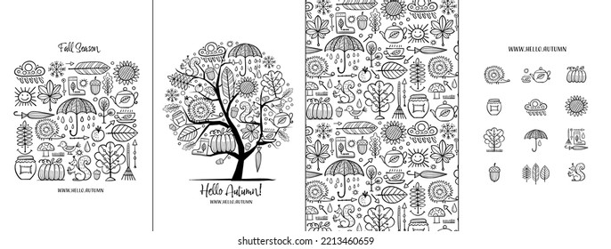 Autumn, Fall season. Frame, pattern, tree. Set of hand drawn concept art for your design project - cards, banners, poster, web, print, social media, promotional materials. Colouring page. Vector