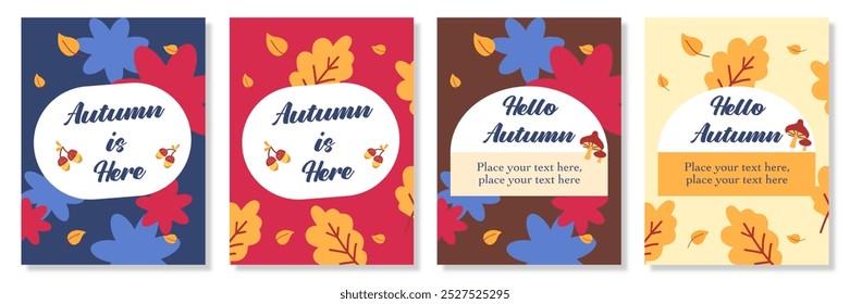 Autumn fall season. Happy thanksgiving greeting with maple leaves and colorful background for poster, invitation, card, flyer, cover, banner, social media, sale, advertising. Flat vector illustration
