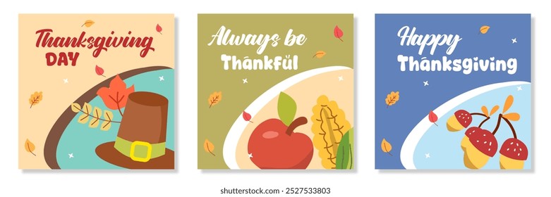 Autumn fall season. Happy thanksgiving greeting with plants, food, and background set for poster, invitation, card, flyer, cover, banner, social media, sale, advertising. Harvest vector illustration