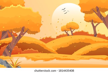 Autumn or Fall Season Landscape background Illustration with Falling Foliage Leaves Concept