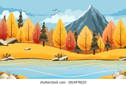 Autumn or Fall Season Landscape background Illustration with Lake and Falling Foliage Leaves Concept