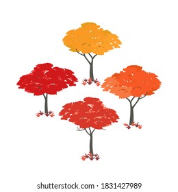 Autumn fall season maple tree vector flat color icon set. Colorful autumnal trees collection isolated on white background. Falling forest, garden decorative plant cartoon design element illustration