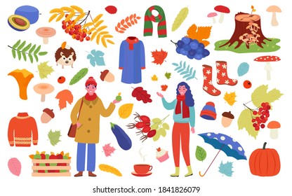 Autumn, fall season objects collection set for decoration, vector illustration isolated on white. Scrapbook elements for autumn party, farmers market, harvest festival or Thanksgiving day.