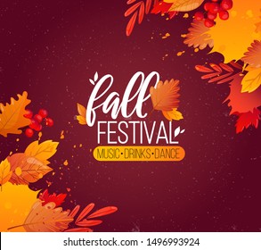 Autumn Fall Season Party Ad Poster. Colorful Fall Leaves And Advertising Text. Vector Background Design.