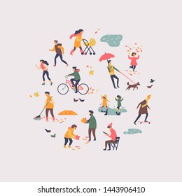 Autumn or fall season people decorative element, vector. Minimalist flat style round shaped design on city residents wearing autumn clothes outdoors