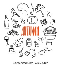 Autumn, fall season related hand drawn doodle icons.