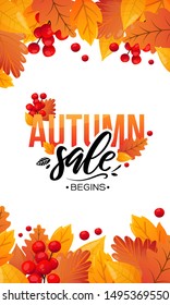 Autumn Fall Season Sale Ad Poster. Colorful fall leaves and advertising discount text. Vector background design.