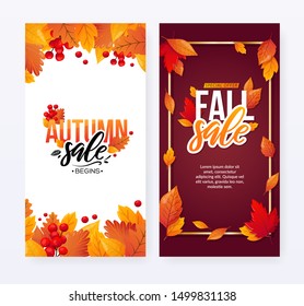 Autumn Fall Season Sale Ad Posters. Colorful fall leaves and advertising discount text. Vector backgrounds design.