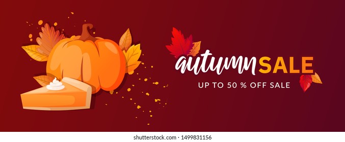 Autumn Fall Season Sale Ad Banner. Colorful fall leaves and advertising discount text. Vector background design.