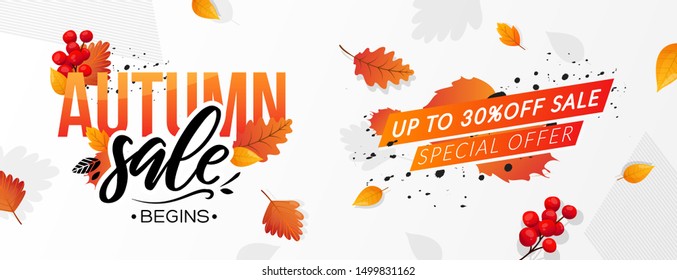 Autumn Fall Season Sale Ad Banner. Colorful Fall Leaves And Advertising Discount Text. Vector Background Design.