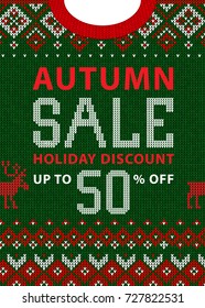 Autumn fall season sale discount banner. Ugly sweater. Vector illustration Handmade knitted background pattern with scandinavian ornaments. White, red, green colors. Flat style