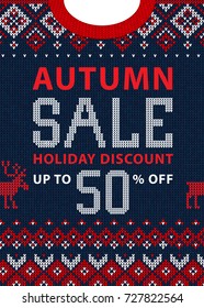 Autumn fall season sale discount banner. Ugly sweater. Vector illustration Handmade knitted background pattern with scandinavian ornaments. White, red, blue colors. Flat style
