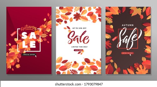 Autumn Fall Season Sale Poster Set. Colorful fall leaves and advertising discount text. Vector background design.