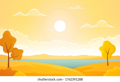 Autumn Fall Season Tree Golden Yellow Lake Panoramic Landscape