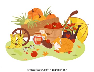 Autumn, fall season vector illustration set, composition.Cute animals, hedgehog, fox and autumnal harvest, pumkin, apple umbrellas, fall flowers, leaves. Thanksgiving holiday decoration or card.