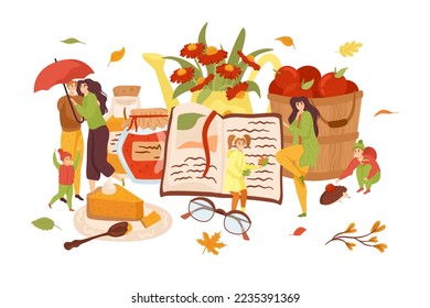 Autumn, fall season vector illustration set, composition. Family walks in autumnal park with umbrellas, harvest and fall flowers, leaves.