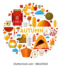 Autumn Fall Seasonal Vector Icons Set with Rainy Weather and Camping Equipment