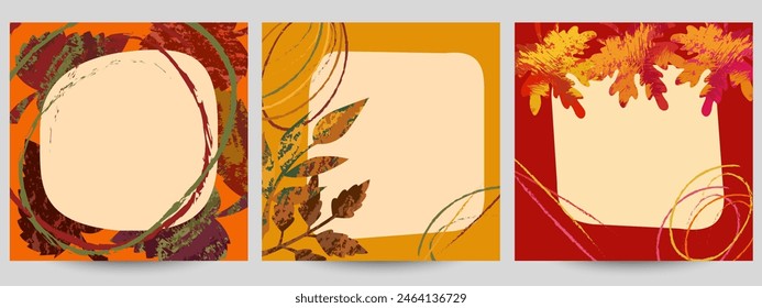 Autumn Fall Set of abstract trendy frames with grunge style leaves Vector hand drawn collection Thanksgiving Thanksgiving Invitation poster postcard poster decoration flyer advertisement sale discount