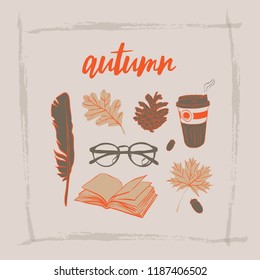 Autumn fall set coffee pine cone feather book glasses oak postcard card mood cold rain cozy forest read vector