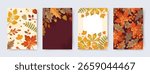 Autumn, Fall set of cute backgrounds with leaves, branches, berries and acorns. Vector hand drawn botanical illustration with texture for seasonal poster, greeting card, invitation with leaf pattern