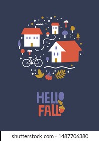 Autumn, fall set with hand drawn isolated elements, autumnal symbolic objects in Scandinavian cartoon style and Hello Fall text. Vector illustration for web, card, poster, cover, tag, invitation