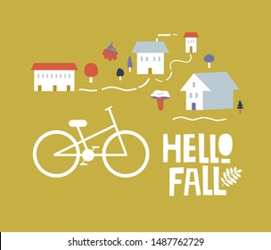 Autumn, fall set with hand drawn isolated elements, autumnal symbolic objects in Scandinavian cartoon style and Hello Fall text. Vector illustration for web, card, poster, cover, tag, invitation