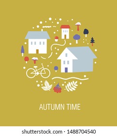 Autumn, fall set with hand drawn isolated elements, autumnal symbolic objects in Scandinavian cartoon style and Autumn time text. Vector illustration for web, card, poster, cover, tag, invitation