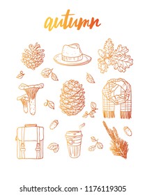 Autumn fall set postcard gradient effect forest cozy hat scarf backpack pine mushroom coffee leaves vector