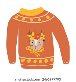 autumn fall sweater with leaves deer animal, hand drawn vector illustration for greeting card, invitations, stickers. Autumn wheater for banner or poster. Deer with wreath. Thanksgiving cloth isolated