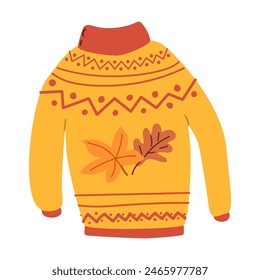 autumn fall sweater with leaves, hand drawn vector illustration for greeting card, invitations, stickers. Autumn wheater for banner or poster. Deer with wreath. Thanksgiving cloth isolated.