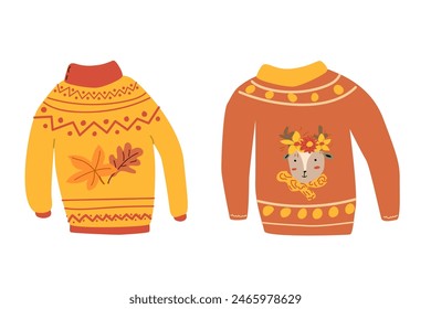 autumn fall sweaters with leaves set, hand drawn vector illustration for greeting card, invitations, stickers. Autumn wheater for banner or poster. Deer with wreath. Thanksgiving cloth isolated.