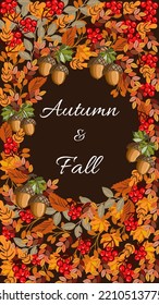 Autumn and fall template or wallpaper, red berry, autumn leaves, maple and acorn.