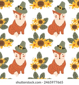 Autumn fall thankgiving pattern with cartoon characters, thanksgiving holiday background, fall wild animals and turkey, seasonal food with pumkin.