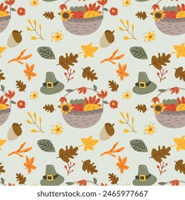 Autumn fall thankgiving pattern with cartoon characters, thanksgiving holiday background, fall wild animals and turkey, seasonal food with pumkin.