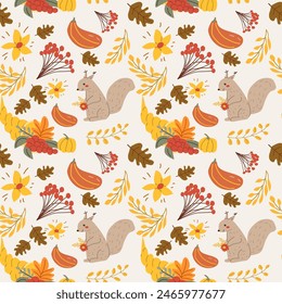 Autumn fall thankgiving pattern with cartoon characters, thanksgiving holiday background, fall wild animal squirrel, seasonal food with pumkin.