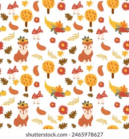 Autumn fall thankgiving pattern with cartoon characters, thanksgiving holiday background, fall wild animal fox, seasonal food with pumkin.