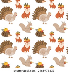 Autumn fall thankgiving pattern with cartoon characters, thanksgiving holiday background, fall wild animals and turkey, seasonal food with pumkin.