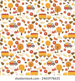 Autumn fall thankgiving pattern with cartoon characters, thanksgiving holiday background, cars, harvest, seasonal food with pumkins.