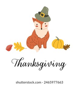 Autumn fall thanksgiving animal character fox with fall leaves and harvest. Wild animal greeting card for thanksgiving holiday, autumn festival, harvest celebration design.