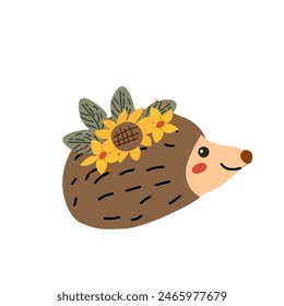 Autumn fall thanksgiving animal character hedgehog with fall leaves and harvest. Wild animal greeting card for thanksgiving holiday, autumn festival, harvest celebration design.