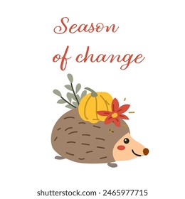 Autumn fall thanksgiving animal character with fall leaves and harvest. Wild animal greeting card for thanksgiving holiday, autumn festival, harvest celebration design.