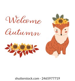 Autumn fall thanksgiving animal character with fall leaves and harvest. Wild animal greeting card for thanksgiving holiday, autumn festival, harvest celebration design.